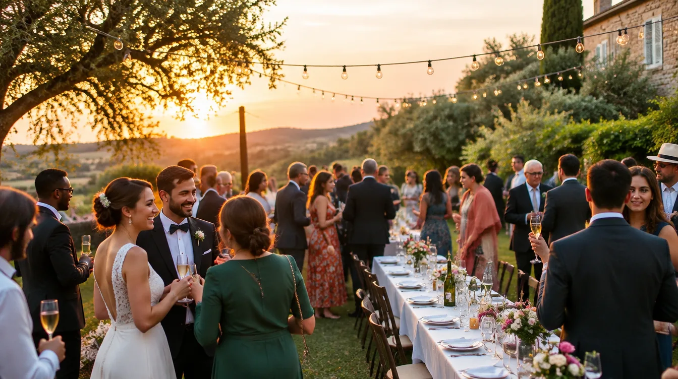 Invités d'un mariage réunis dans un jardin au coucher du soleil, verres de champagne à la main
