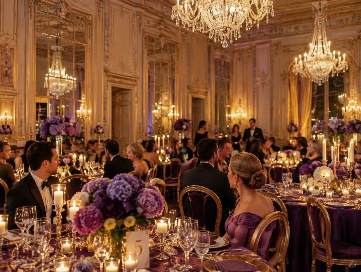 Dîner de mariage dans un salon orné de lustres, tables décorées de fleurs violettes et de bougies