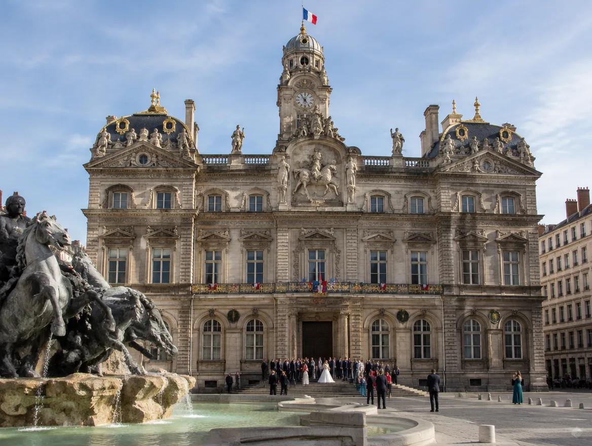 Façade d'un hôtel de ville avec des drapeaux français et des invités de mariage sur les marches