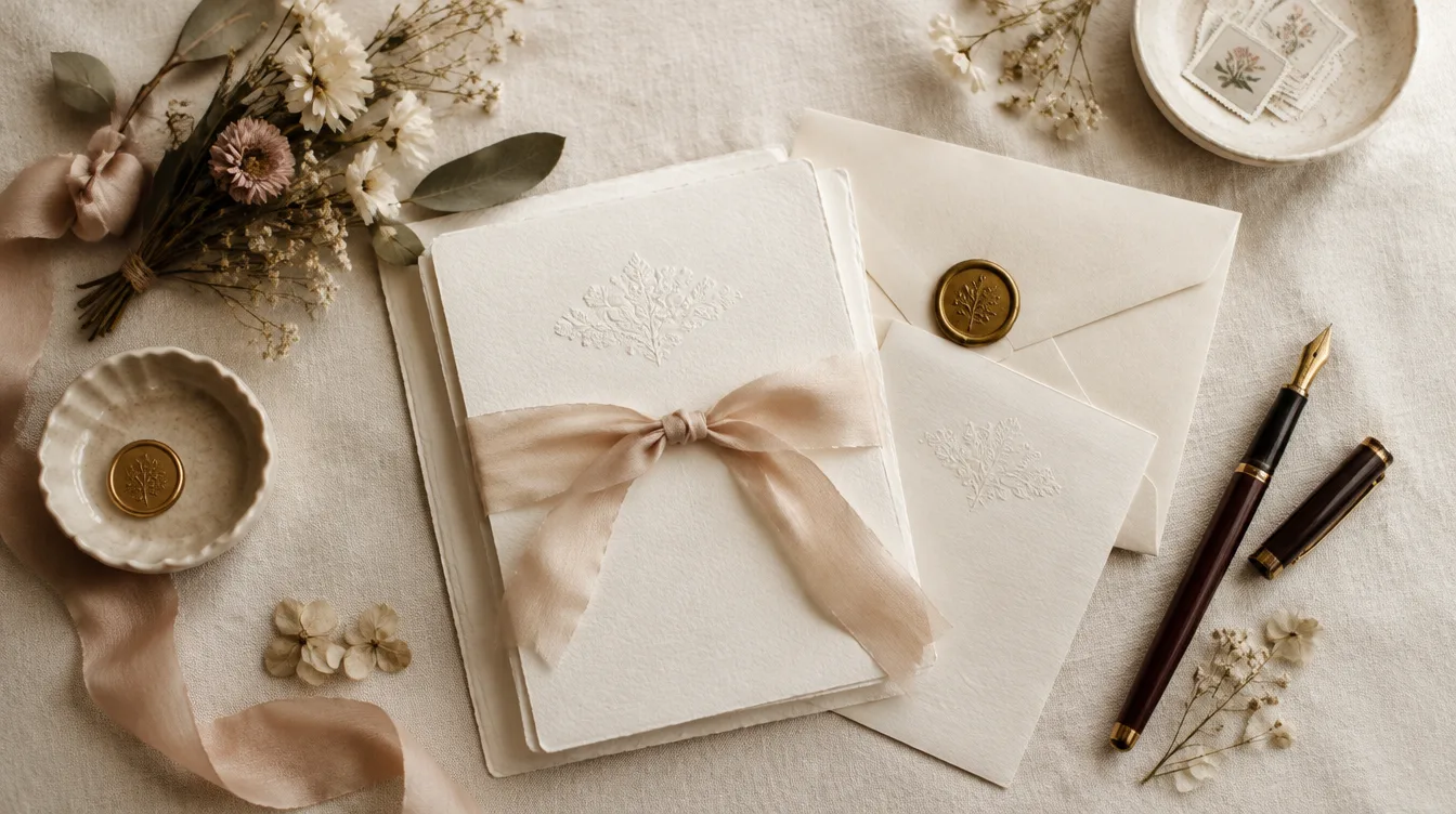 Faire-part de mariage, enveloppes, cachet de cire et fleurs séchées posés sur du lin