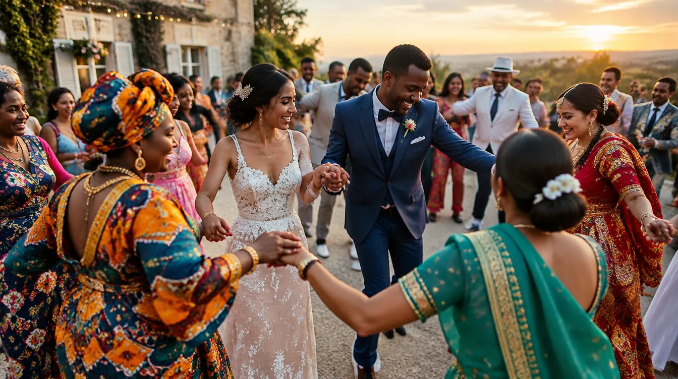 Invités de cultures différentes dansant ensemble en cercle autour des mariés lors d'un mariage