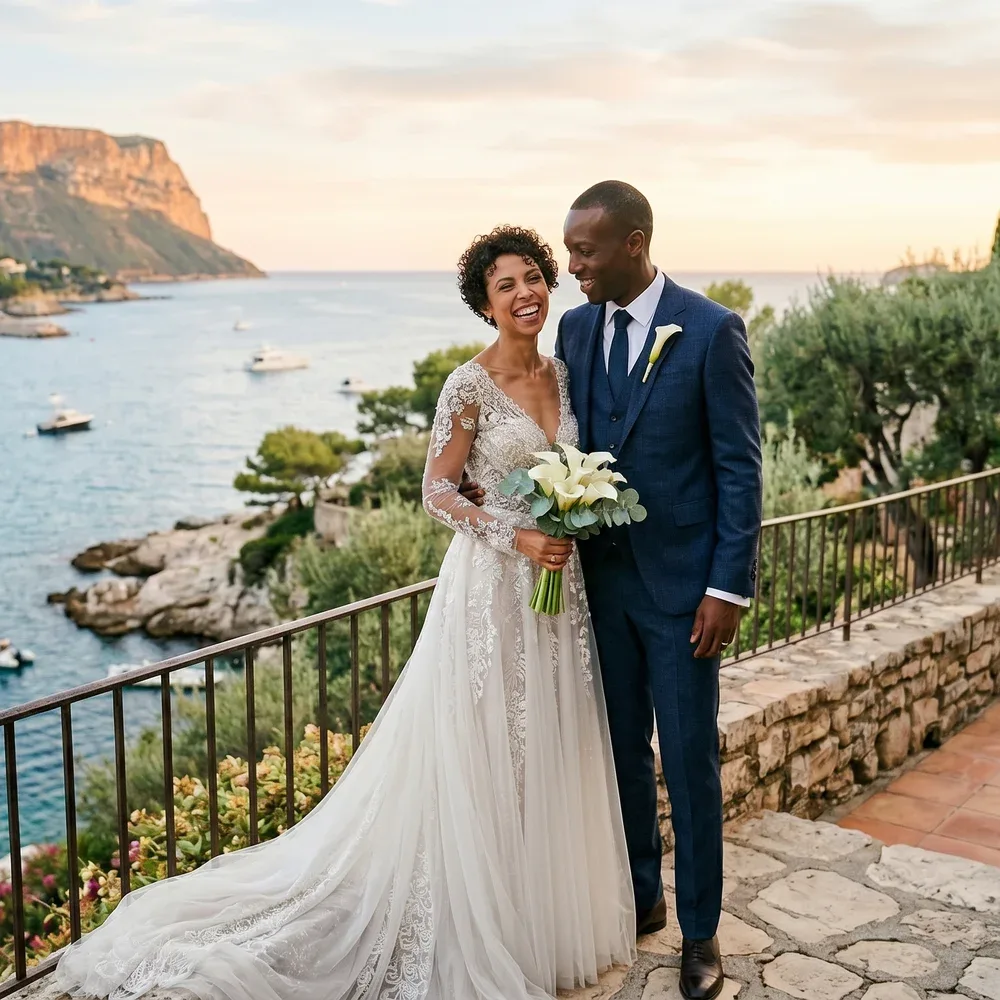 Couple de mariés souriant au bord de la mer, la mariée tenant un bouquet blanc
