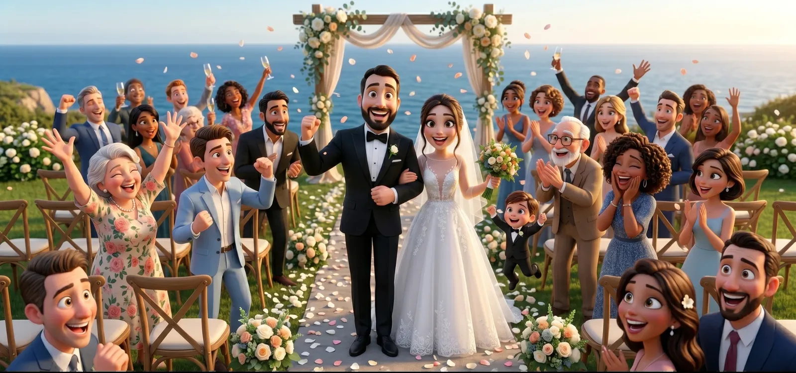 Couple de mariés célébrant sous une arche fleurie face à la mer, entouré de leurs invités