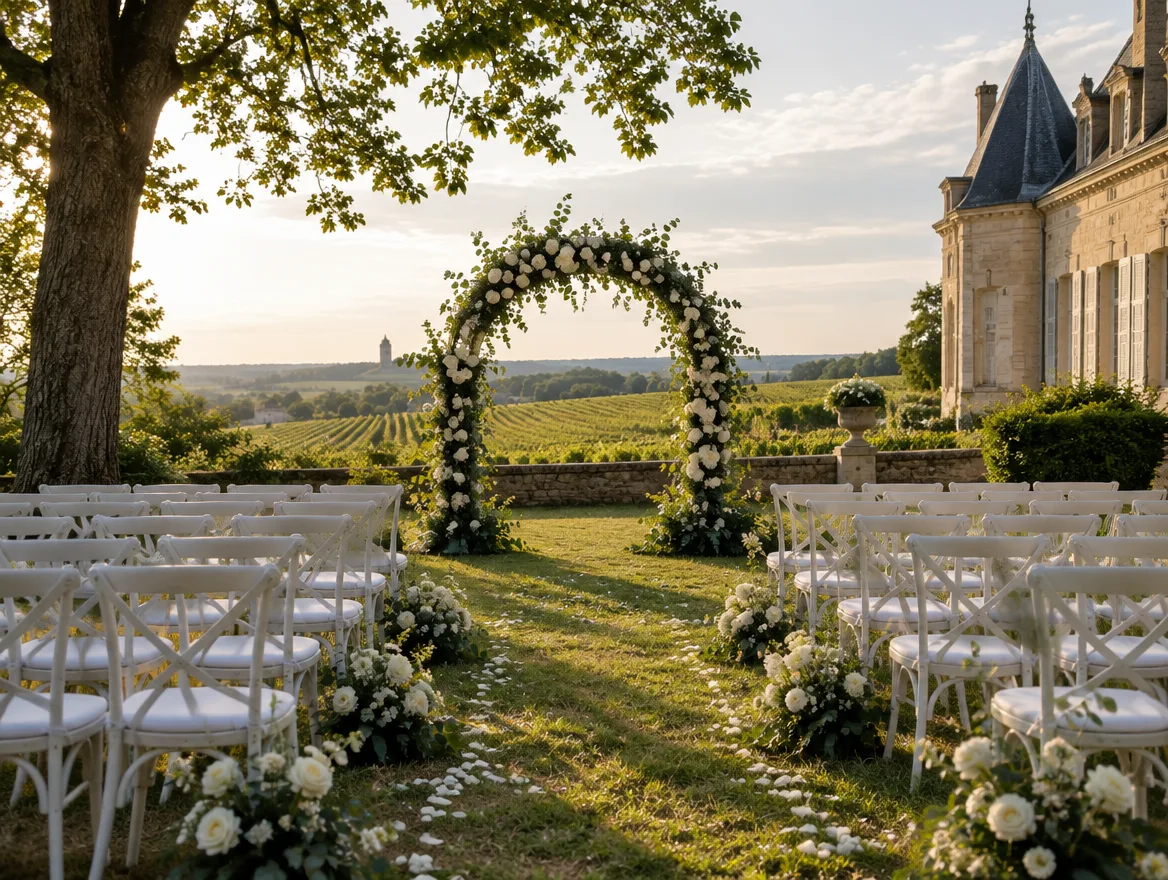 Allée de cérémonie de mariage avec arche fleurie dans les jardins d'un château au milieu des vignes