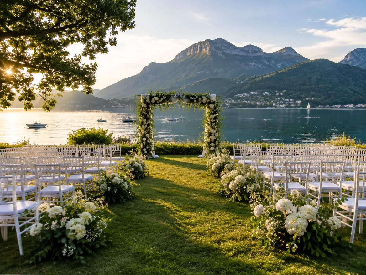 Cérémonie de mariage au bord d'un lac de montagne, chaises blanches et arche de verdure